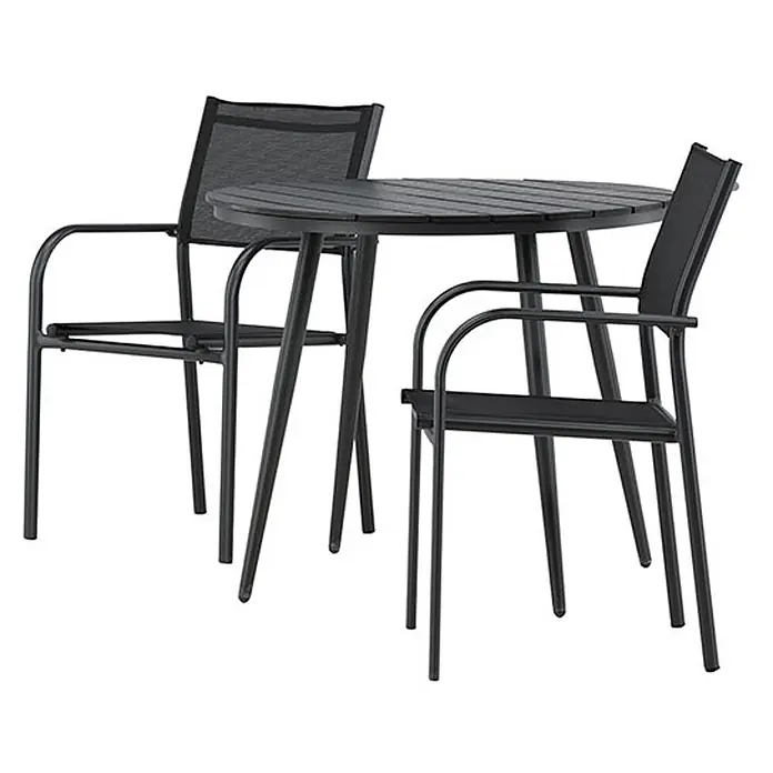 Ebuy24 Gartentisch-Set BreakSantorini - Gesamtumfang: 3 -tlg., L x B x H: 90 x 90 x 74 cm, Ø x H: 90 x 74 cm, AintwoodAluminium, Stapelbar - Dunkelgraues Outdoor-Essset mit rundem Lamellentisch und zwei Netzstühlen.