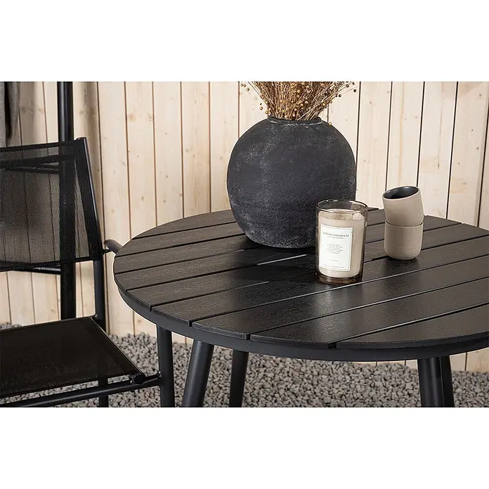 Ebuy24 Gartentisch-Set BreakSantorini - Gesamtumfang: 3 -tlg., L x B x H: 90 x 90 x 74 cm, Ø x H: 90 x 74 cm, AintwoodAluminium, Stapelbar - Runder schwarzer Lamellentisch für den Außenbereich mit schwarzem Netzstuhl, für die Terrasse.