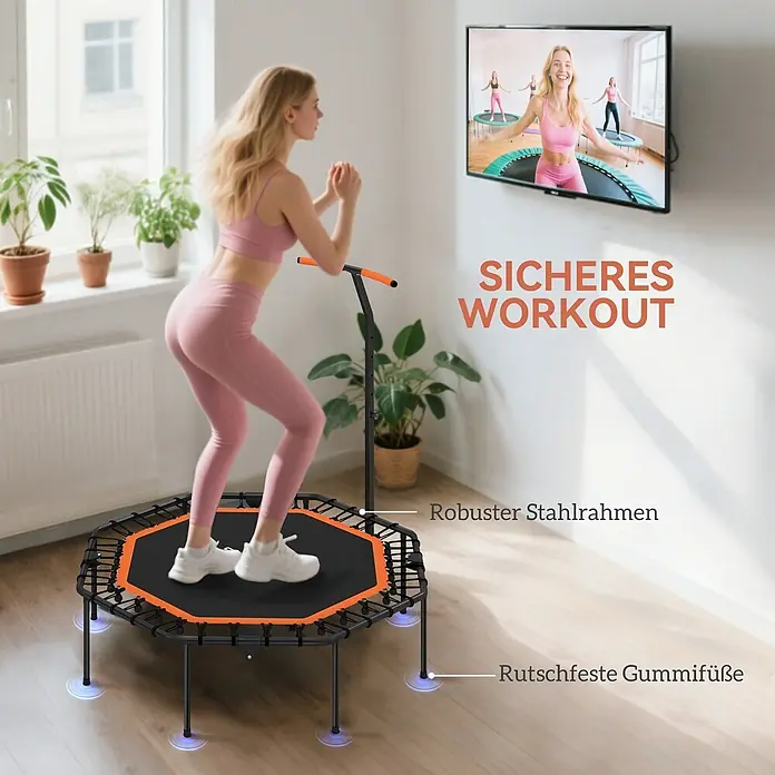 Sportnow Rebounder - Stahl, Schwarz, Orange - Frau trainiert auf schwarzem, orangefarbenem Minitrampolin mit verstellbarem Griff, robustem Stahlrahmen und rutschfesten Füßen.