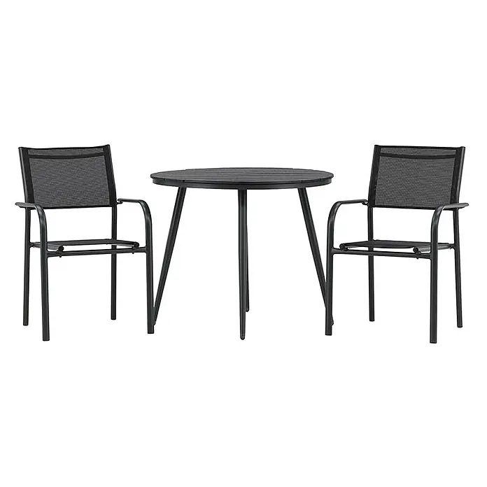 Ebuy24 Gartentisch-Set BreakSantorini - Gesamtumfang: 3 -tlg., L x B x H: 90 x 90 x 74 cm, Ø x H: 90 x 74 cm, AintwoodAluminium, Stapelbar - Schwarzes Metall-Bistro-Set mit rundem Tisch und zwei Stühlen mit schwarzen Netzsitzen und -lehnen.