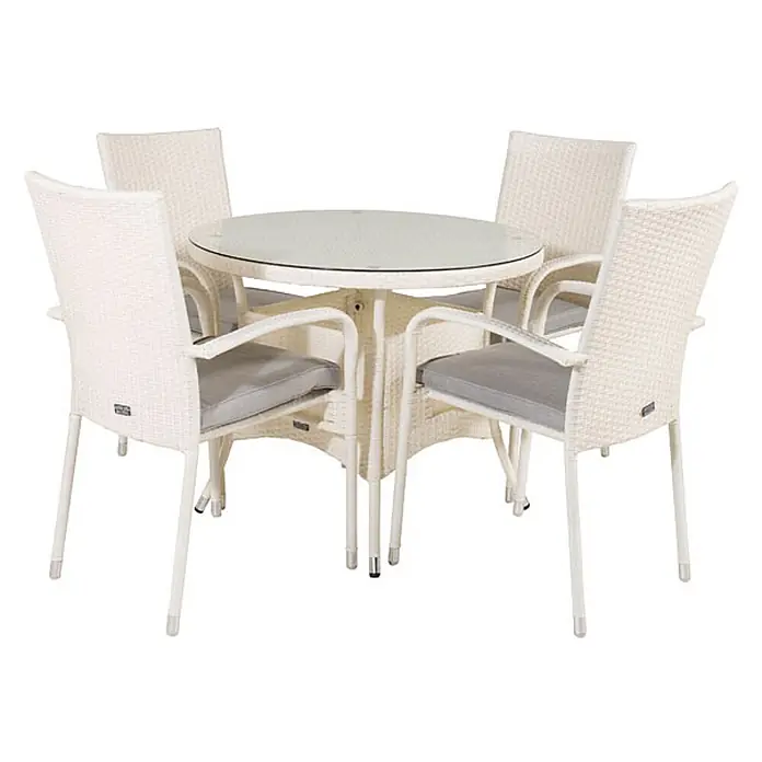 Ebuy24 Gartentisch-Set Volta - Gesamtumfang: 5 -tlg., L x B x H: 90 x 90 x 74 cm, Ø x H: 90 x 74 cm, Rattan, Stahl Aluminium, Glas, Klappbar - Essgarnitur aus weißem Rattan-Geflecht mit rundem Glastisch und vier Stühlen mit grauen Polstern.