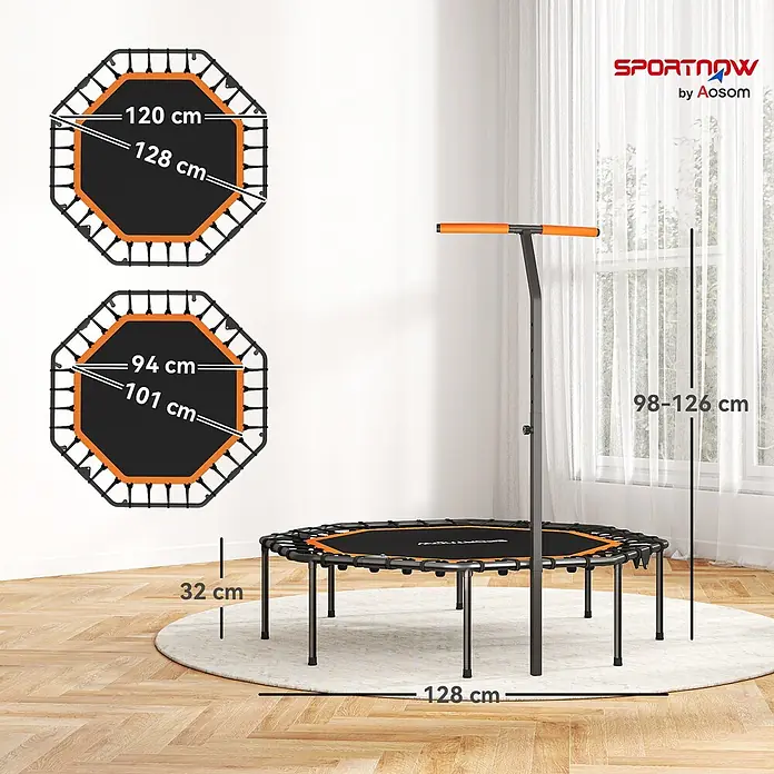 Sportnow Rebounder - Stahl, Schwarz, Orange - Schwarz-oranges, achteckiges Minitrampolin mit verstellbarem Haltegriff (98-126 cm). Maße: 128 cm Breite, 32 cm Höhe.