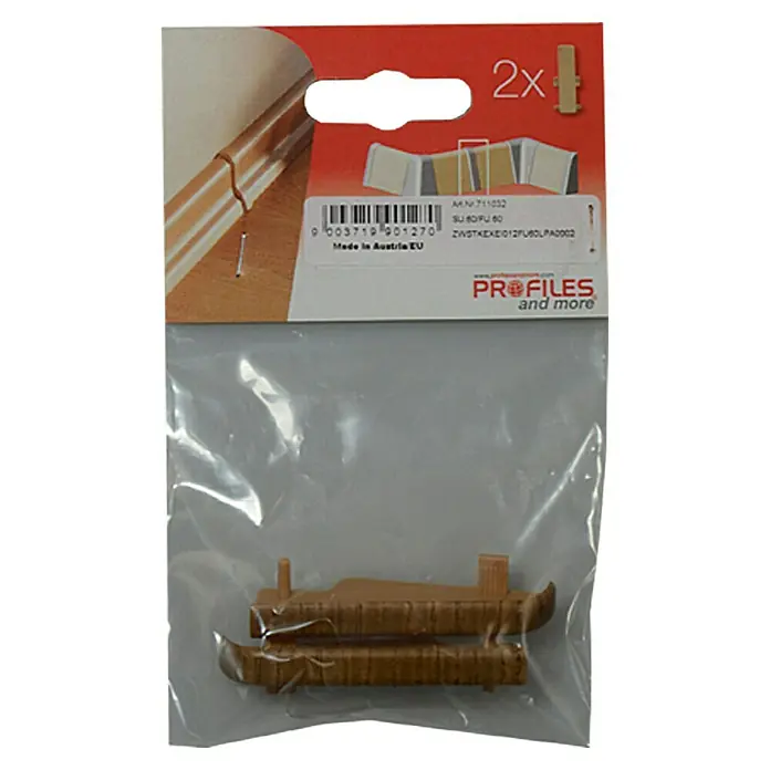 Profiles and more Übergangskappe FU60L - Eiche Dunkelbraun, 2 Stk. - Eine Packung mit zwei braunen Abschlusselementen für Fußleisten, verpackt in einer transparenten Plastiktüte.