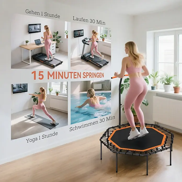 Sportnow Rebounder - Stahl, Schwarz, Orange - Frau springt auf einem schwarzen und orangefarbenen Minitrampolin mit Haltegriff.