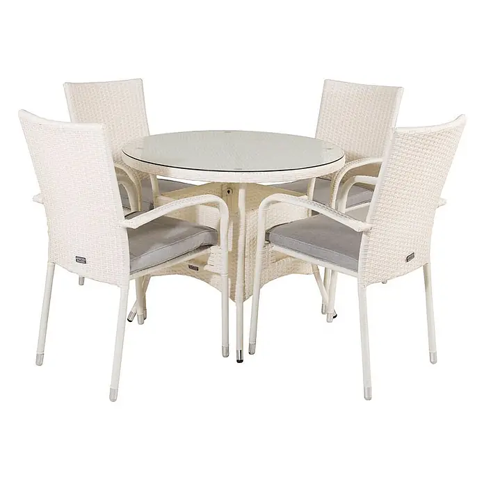 Ebuy24 Gartentisch-Set Volta - Gesamtumfang: 5 -tlg., L x B x H: 90 x 90 x 74 cm, Ø x H: 90 x 74 cm, Rattan, Stahl Aluminium, Glas, Klappbar - Weißes Rattan-Gartenset mit rundem Glastisch und vier Stühlen mit grauen Kissen.