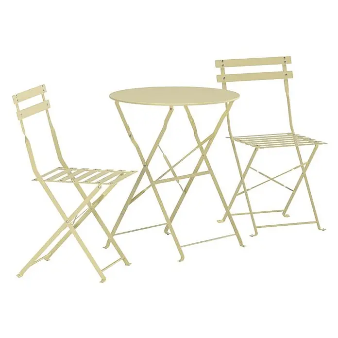 Ebuy24 Gartentisch-Set Tao - Gesamtumfang: 3 -tlg., L x B x H: 60 x 60 x 71 cm, Ø x H: 60 x 71 cm, Stahl, Stapelbar - Cremefarbenes Metall-Klapp-Bistroset mit Rundtisch und zwei Stühlen.