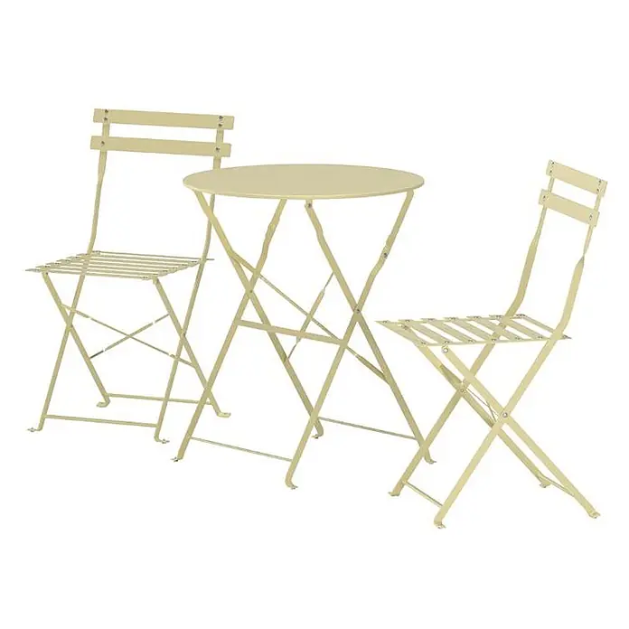 Ebuy24 Gartentisch-Set Tao - Gesamtumfang: 3 -tlg., L x B x H: 60 x 60 x 71 cm, Ø x H: 60 x 71 cm, Stahl, Stapelbar - Hellgelbes Klapp-Bistro-Set aus Metall mit Rundtisch und zwei Lattenstühlen.