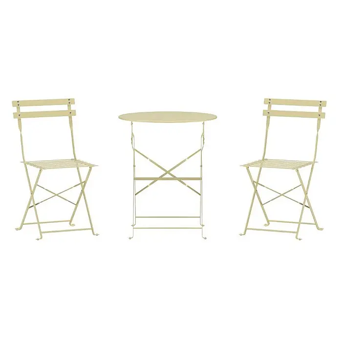 Ebuy24 Gartentisch-Set Tao - Gesamtumfang: 3 -tlg., L x B x H: 60 x 60 x 71 cm, Ø x H: 60 x 71 cm, Stahl, Stapelbar - Helles beiges Klapp-Bistroset aus Metall mit rundem Tisch und zwei Stühlen mit Latten.