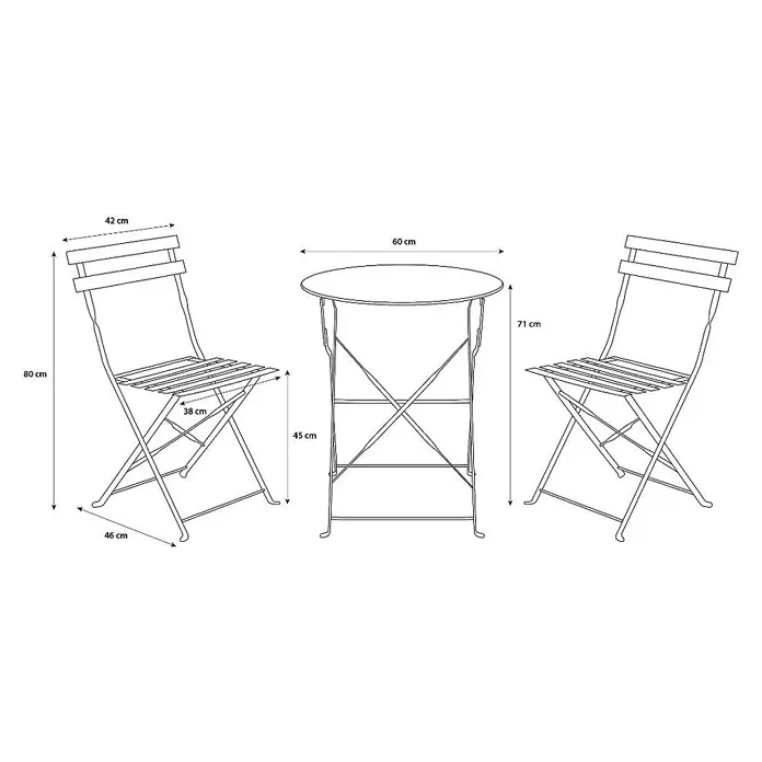 Ebuy24 Gartentisch-Set Sam - Gesamtumfang: 3 -tlg., L x B x H: 46 x 42 x 80 cm, Ø x H: 42 x 80 cm, Stahl, Stapelbar - Bistro-Set mit rundem Tisch und zwei Klappstühlen, mit Maßen dargestellt.