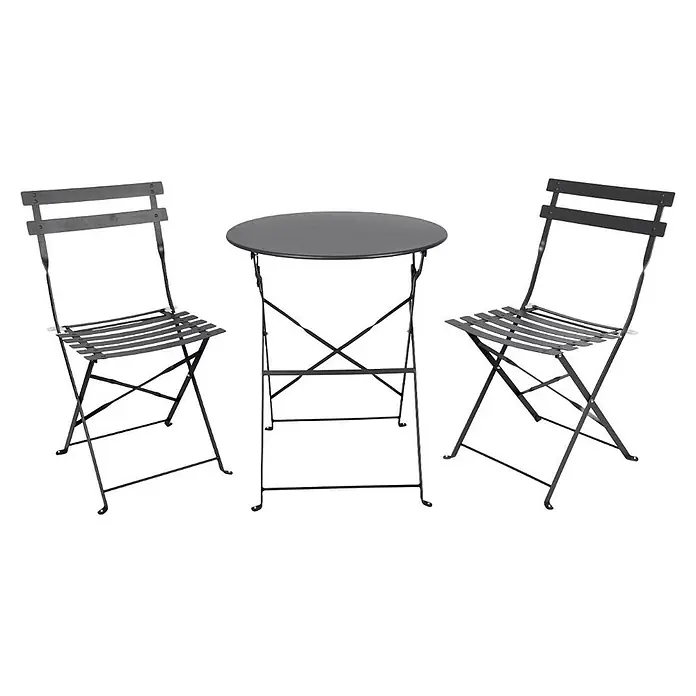 Ebuy24 Gartentisch-Set Sam - Gesamtumfang: 3 -tlg., L x B x H: 46 x 42 x 80 cm, Ø x H: 42 x 80 cm, Stahl, Stapelbar - Dunkelgraues klappbares Metall-Bistroset mit zwei Stühlen und einem runden Tisch.
