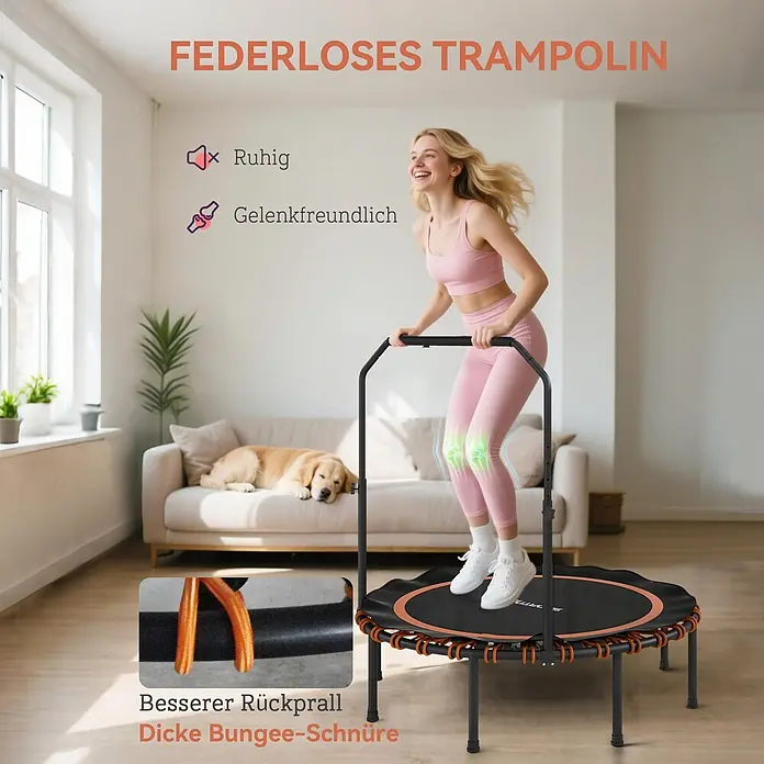 Sportnow Rebounder - Stahl, Schwarz, Orange - Federloses schwarzes Trampolin mit orangen Bungee-Schnüren, das von einer Frau gesprungen wird; ruhig und gelenkschonend.