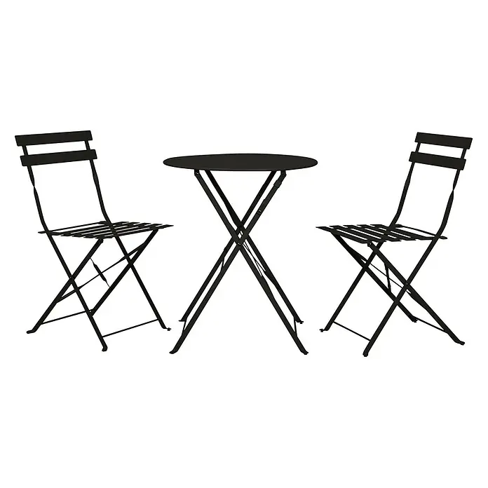 Ebuy24 Gartentisch-Set Sam - Gesamtumfang: 3 -tlg., L x B x H: 46 x 42 x 80 cm, Ø x H: 42 x 80 cm, Stahl, Stapelbar - Schwarzes Metall-Klapp-Bistro-Set mit einem runden Tisch und zwei Stühlen.
