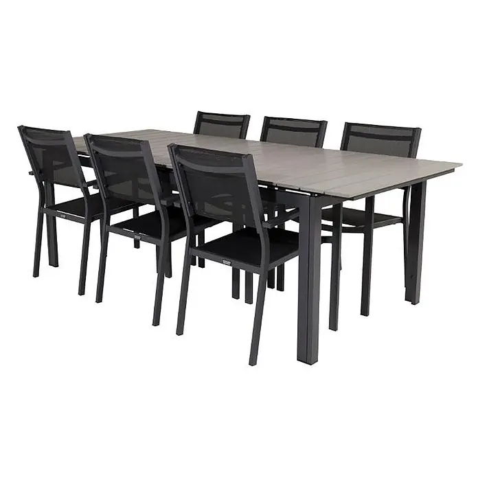 Ebuy24 Gartentisch-Set Levels - Gesamtumfang: 7 -tlg., L x B x H: 229 x 100 x 74 cm, Ø x H: 229 x 74 cm, Aintwood, Stapelbar - Eine moderne Outdoor-Essgruppe mit grauem Latten-Tisch und acht dunkelgrauen Stühlen mit schwarzen Netzsitzen und -lehnen.