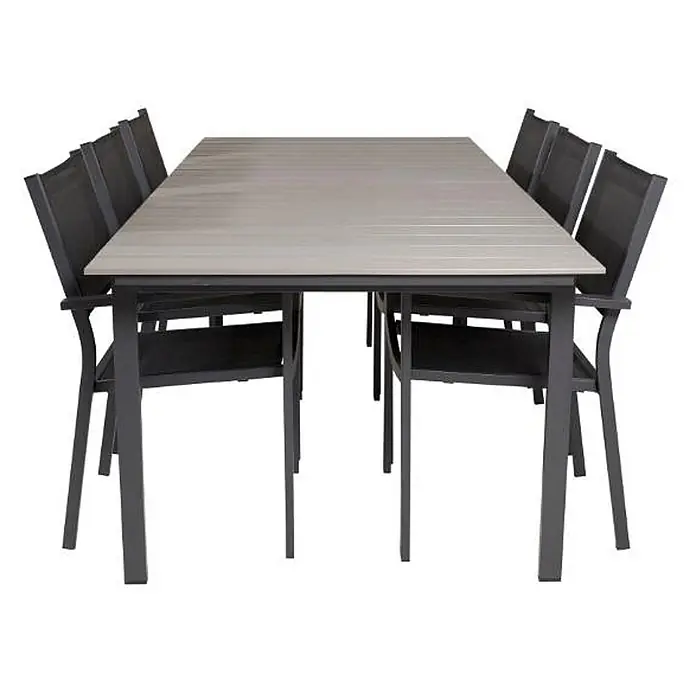 Ebuy24 Gartentisch-Set Levels - Gesamtumfang: 7 -tlg., L x B x H: 229 x 100 x 74 cm, Ø x H: 229 x 74 cm, Aintwood, Stapelbar - Outdoor-Essgruppe mit hellgrauem Lamellentisch und acht dunkelgrauen Stühlen.