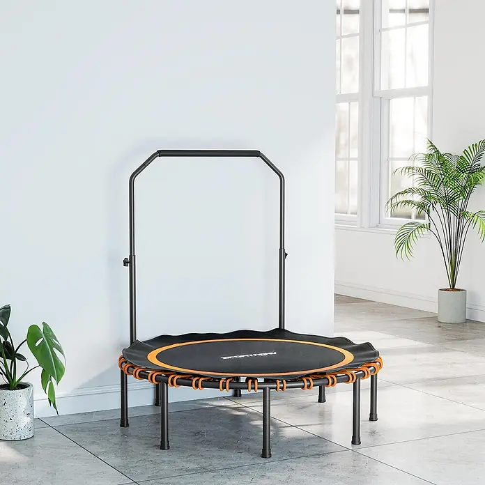 Sportnow Rebounder - Stahl, Schwarz, Orange - Schwarzes Minitrampolin mit orangen Gummiseilen und verstellbarem schwarzem Haltegriff, ideal für Indoor-Fitness.
