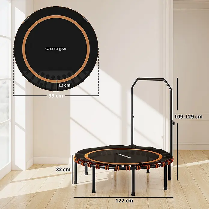 Sportnow Rebounder - Stahl, Schwarz, Orange - Schwarz-oranges Minitrampolin mit Griff. Maße: 122cm B, 32cm H. Griff 109-129cm H. Sprungfläche 99cm D mit 12cm Rand.