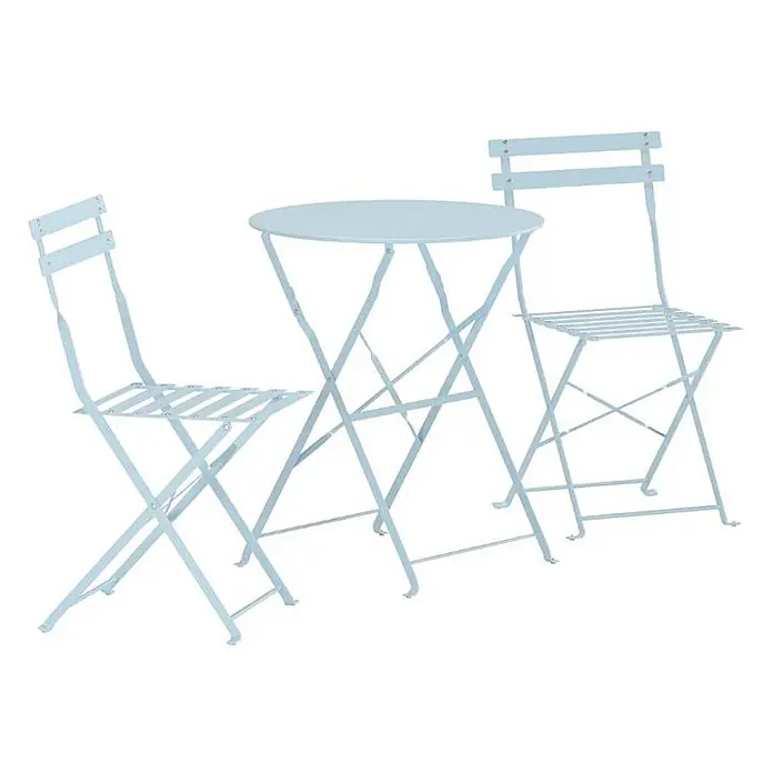 Ebuy24 Gartentisch-Set Tao - Gesamtumfang: 3 -tlg., L x B x H: 60 x 60 x 71 cm, Ø x H: 60 x 71 cm, Stahl, Stapelbar - Hellblaues klappbares Metall-Bistro-Set mit rundem Tisch und zwei Stühlen.