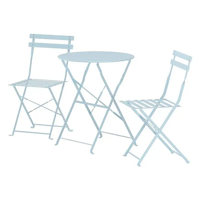 Ebuy24 Gartentisch-Set Tao - Gesamtumfang: 3 -tlg., L x B x H: 60 x 60 x 71 cm, Ø x H: 60 x 71 cm, Stahl, Stapelbar - Hellblaues Metall-Klapp-Bistrotisch-Set mit einem Tisch und zwei Stühlen.