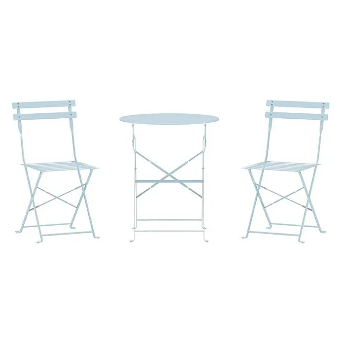 Ebuy24 Gartentisch-Set Tao - Gesamtumfang: 3 -tlg., L x B x H: 60 x 60 x 71 cm, Ø x H: 60 x 71 cm, Stahl, Stapelbar - Hellblaues Metall-Klapp-Bistro-Set mit zwei Stühlen und einem runden Tisch.