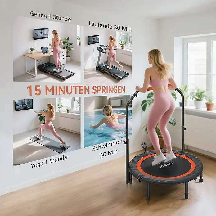 Sportnow Rebounder - Stahl, Schwarz - Eine Frau springt auf einem orange-schwarzen Minitrampolin. Das Bild vergleicht 15 Minuten Springen mit anderen Aktivitäten.