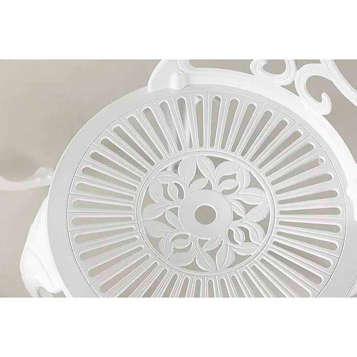 Ebuy24 Gartentisch-Set Nandin - Gesamtumfang: 3 -tlg., L x B x H: 60 x 60 x 73 cm, Ø x H: 60 x 73 cm, Aluminium, Stapelbar - Weißer runder Stuhlsitz mit Blumenmuster und radialen Lamellen.