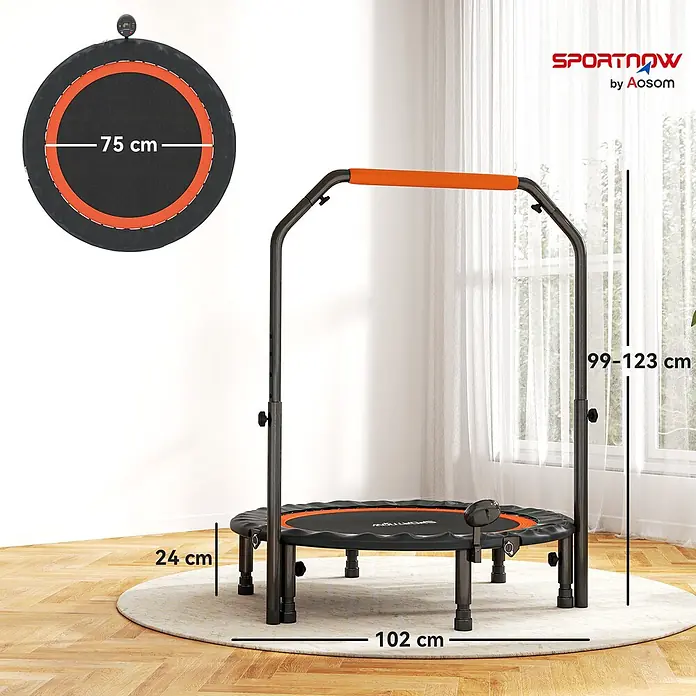 Sportnow Rebounder - Stahl, Schwarz - Schwarzes und oranges Minitrampolin mit verstellbarem Griff in einem Raum, Maße zeigend.