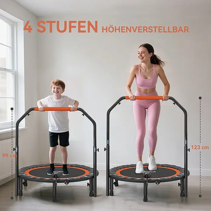 Sportnow Rebounder - Stahl, Schwarz - Zwei schwarz-orange Trampoline mit 4-fach höhenverstellbaren Griffen, genutzt von Kind und Erwachsenem.