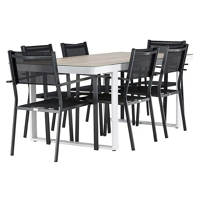 Ebuy24 Gartentisch-Set Merlo - Gesamtumfang: 7 -tlg., L x B x H: 90 x 200 x 75 cm, Ø x H: 90 x 75 cm, Aluminium Textil, Stapelbar - Gartentischgruppe mit weißem Tischgestell, heller Holzoptik-Platte und sechs dunkelgrauen Netzstühlen.
