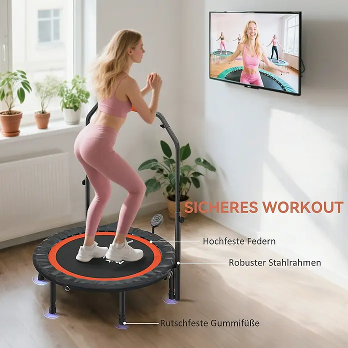Sportnow Rebounder - Stahl, Schwarz - Eine Frau trainiert auf einem schwarzen, orangefarbenen Minitrampolin mit verstellbarem Haltegriff für sicheres Heimtraining.