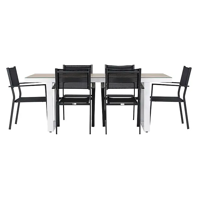 Ebuy24 Gartentisch-Set Merlo - Gesamtumfang: 7 -tlg., L x B x H: 90 x 200 x 75 cm, Ø x H: 90 x 75 cm, Aluminium Textil, Stapelbar - Gartengarnitur mit weißem Tisch mit Holzoptik-Platte und sechs schwarzen Netzstühlen.