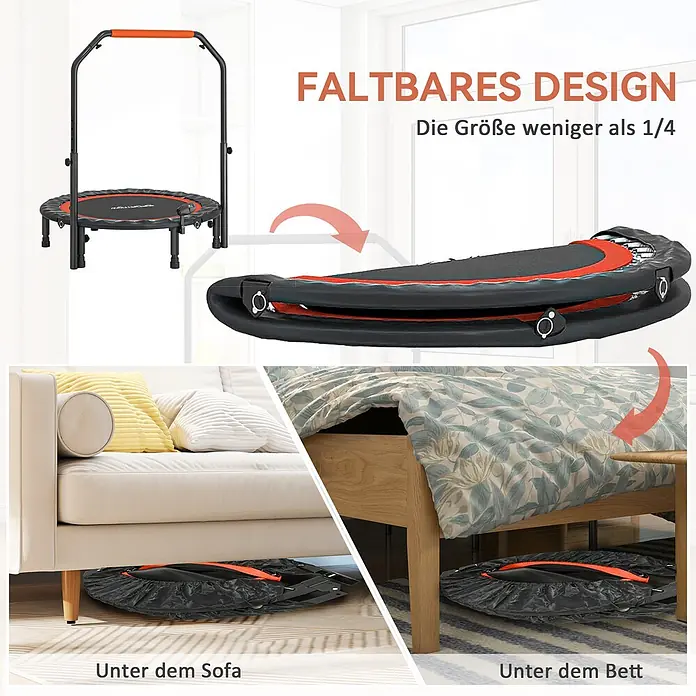 Sportnow Rebounder - Stahl, Schwarz - Schwarz-oranges, faltbares Trampolin mit Haltegriff, zusammengeklappt unter Sofa und Bett verstaut.