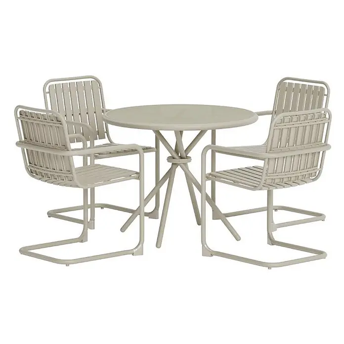 Ebuy24 Gartentisch-Set Chios - Gesamtumfang: 5 -tlg., L x B x H: 90 x 90 x 71 cm, Ø x H: 90 x 71 cm, Gehärtetes Glas, Stapelbar - Beiges Metall-Outdoor-Esstischset mit Rundtisch, Kreuzfuß und vier Stühlen mit Latten an Sitz und Rückenlehne.
