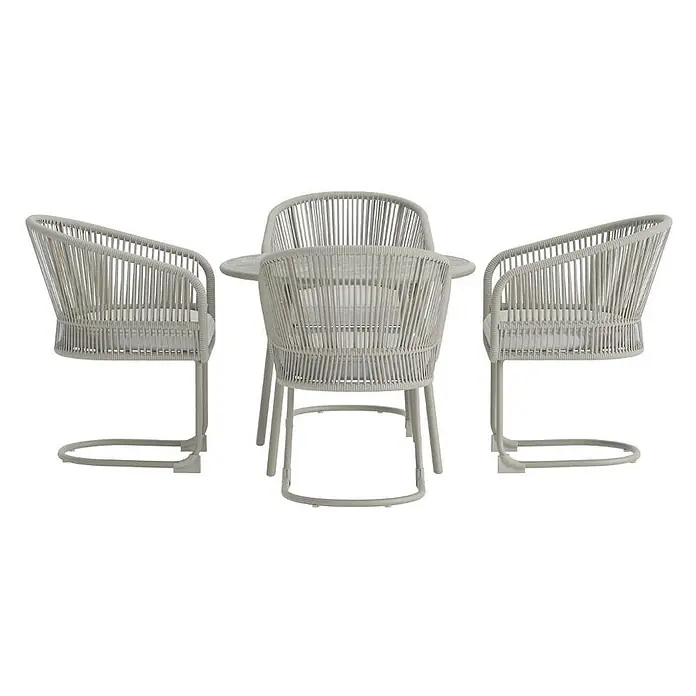 Ebuy24 Gartentisch-Set Tilos - Gesamtumfang: 5 -tlg., L x B x H: 90 x 90 x 71 cm, Ø x H: 90 x 71 cm, Stahl, Stapelbar - Hellgraue Outdoor-Essgruppe: runder Tisch und vier geflochtene Seilstühle mit Kissen.