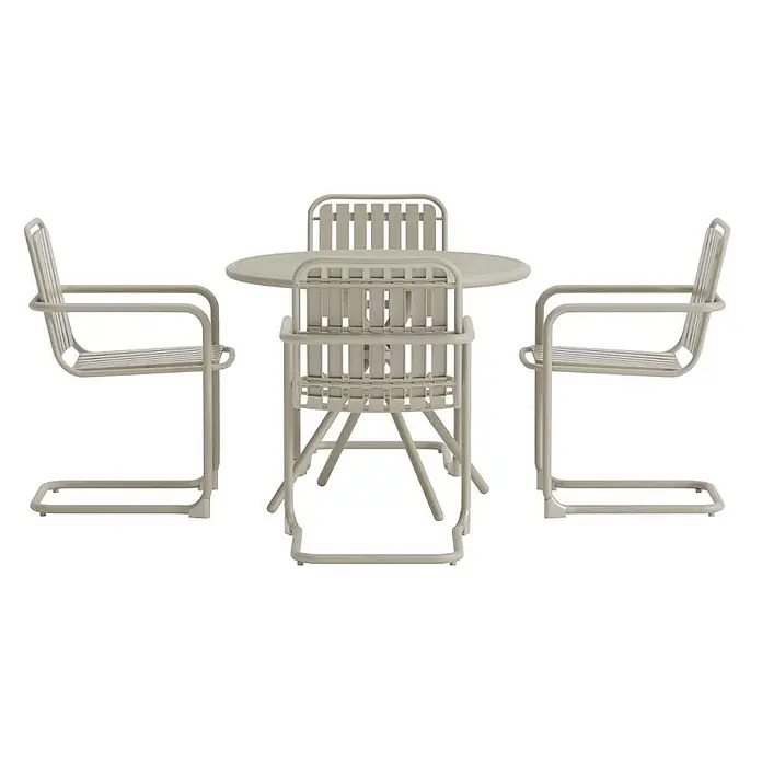 Ebuy24 Gartentisch-Set Chios - Gesamtumfang: 5 -tlg., L x B x H: 90 x 90 x 71 cm, Ø x H: 90 x 71 cm, Gehärtetes Glas, Stapelbar - Helles beiges Metall-Gartenset mit rundem Tisch und vier Lattenstühlen.