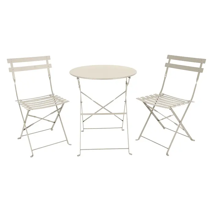 Ebuy24 Gartentisch-Set Sam - Gesamtumfang: 3 -tlg., L x B x H: 46 x 42 x 80 cm, Ø x H: 42 x 80 cm, Stahl, Stapelbar - Klappbares, hellbeiges Metall-Bistro-Set mit einem runden Tisch und zwei Stühlen.