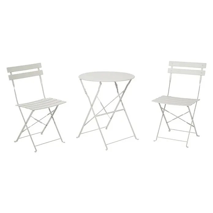 Ebuy24 Gartentisch-Set Sam - Gesamtumfang: 3 -tlg., L x B x H: 46 x 42 x 80 cm, Ø x H: 42 x 80 cm, Stahl, Stapelbar - Weißes Metall-Bistro-Set, klappbar, mit zwei Stühlen und einem runden Tisch.
