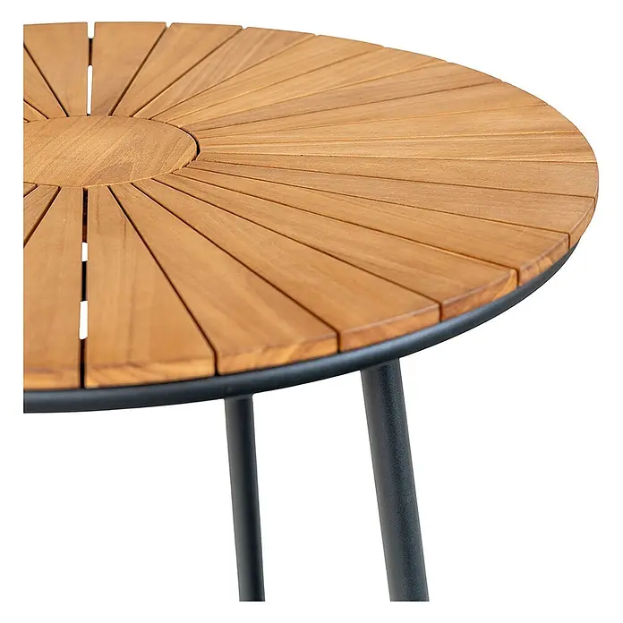 Ebuy24 Gartentisch-Set Cleveland - Gesamtumfang: 5 -tlg., L x B x H: 130 x 130 x 74 cm, Ø x H: 130 x 74 cm, Teak Metall Aluminum Polyester, Stapelbar - Runder Tisch mit Holzlattenplatte und schwarzen Metallbeinen.