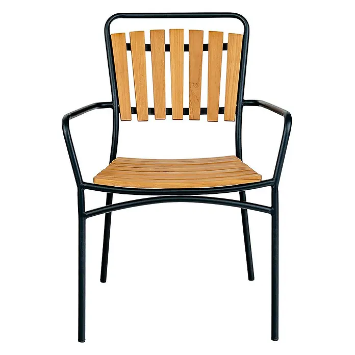Ebuy24 Gartentisch-Set Cleveland - Gesamtumfang: 5 -tlg., L x B x H: 130 x 130 x 74 cm, Ø x H: 130 x 74 cm, Teak Metall Aluminum Polyester, Stapelbar - Stuhl mit schwarzem Metallgestell und Rückenlehne sowie Sitzfläche aus Holzlatten.