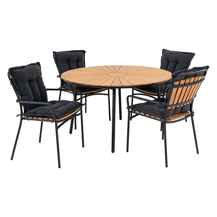 Ebuy24 Gartentisch-Set Cleveland - Gesamtumfang: 5 -tlg., L x B x H: 130 x 130 x 74 cm, Ø x H: 130 x 74 cm, Teak Metall Aluminum Polyester, Stapelbar - Runde Gartenmöbelgarnitur mit Holztischplatte und vier Stühlen mit schwarzem Metallgestell, Holzlatten und dunklen Polstern.