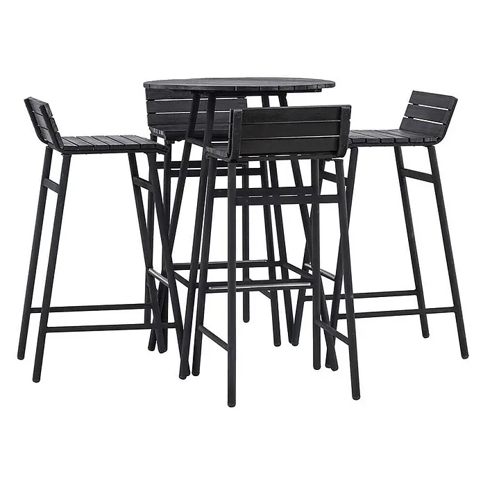 Ebuy24 Gartentisch-Set New Mexico - Gesamtumfang: 5 -tlg., L x B x H: 65 x 65 x 95 cm, Ø x H: 65 x 95 cm, Stahl Akazie, Stapelbar - Schwarzer Bartisch mit Lattenoptik und drei passenden Barhockern mit robusten Metallgestellen.
