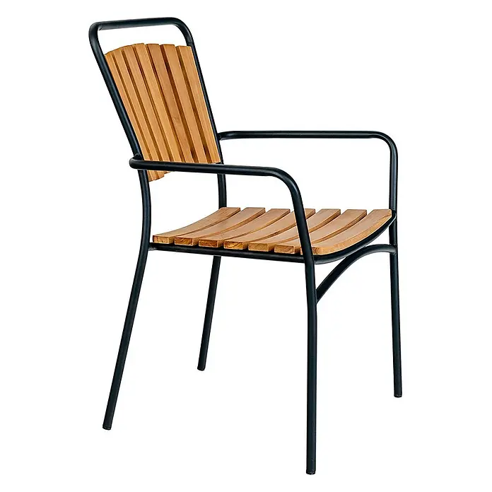 Ebuy24 Gartentisch-Set Cleveland - Gesamtumfang: 5 -tlg., L x B x H: 130 x 130 x 74 cm, Ø x H: 130 x 74 cm, Teak Metall Aluminum Polyester, Stapelbar - Stuhl mit schwarzem Metallgestell und heller Holzlatten-Sitzfläche und Rückenlehne.