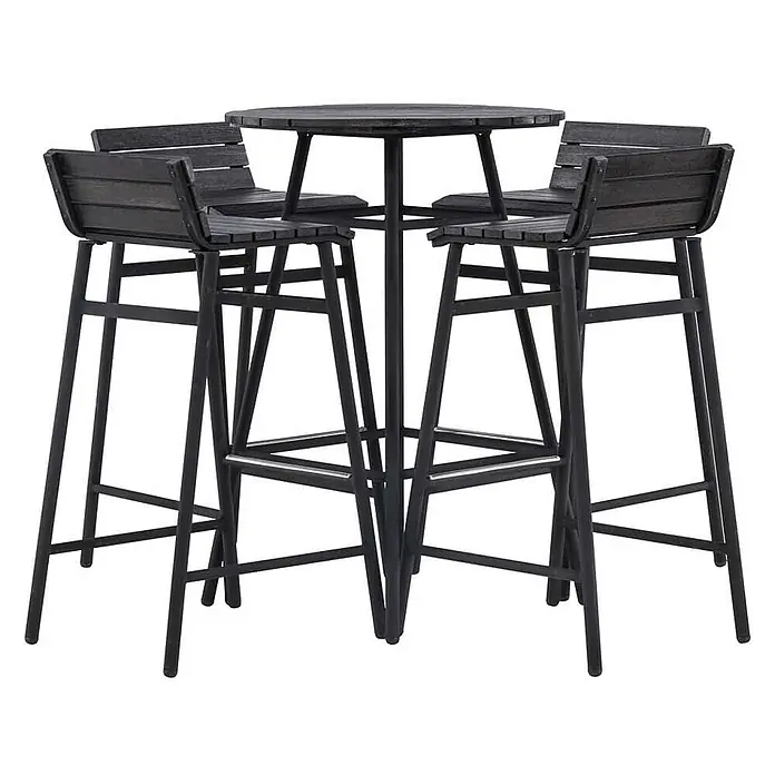 Ebuy24 Gartentisch-Set New Mexico - Gesamtumfang: 5 -tlg., L x B x H: 65 x 65 x 95 cm, Ø x H: 65 x 95 cm, Stahl Akazie, Stapelbar - Dunkelgraue Outdoor-Bar-Garnitur mit rundem Lamellentisch und vier passenden Barhockern.