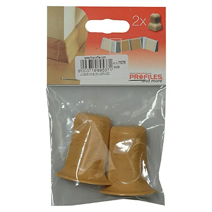Profiles and more Außenecke KU050 - Buche, 2 Stk. - Eine Packung mit zwei beigen Übergangsleisten-Endkappen, die in einer durchsichtigen Plastikverpackung für Fußleisten verkauft werden.