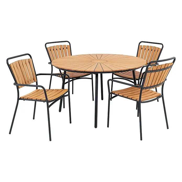 Ebuy24 Gartentisch-Set Cleveland - Gesamtumfang: 5 -tlg., L x B x H: 130 x 130 x 74 cm, Ø x H: 130 x 74 cm, Teak Metall Aluminum Polyester, Stapelbar - Runde Terrassenessgruppe mit schwarzem Metallrahmen und naturbelassenem Holz-Latten-Tisch und vier passenden Stühlen.