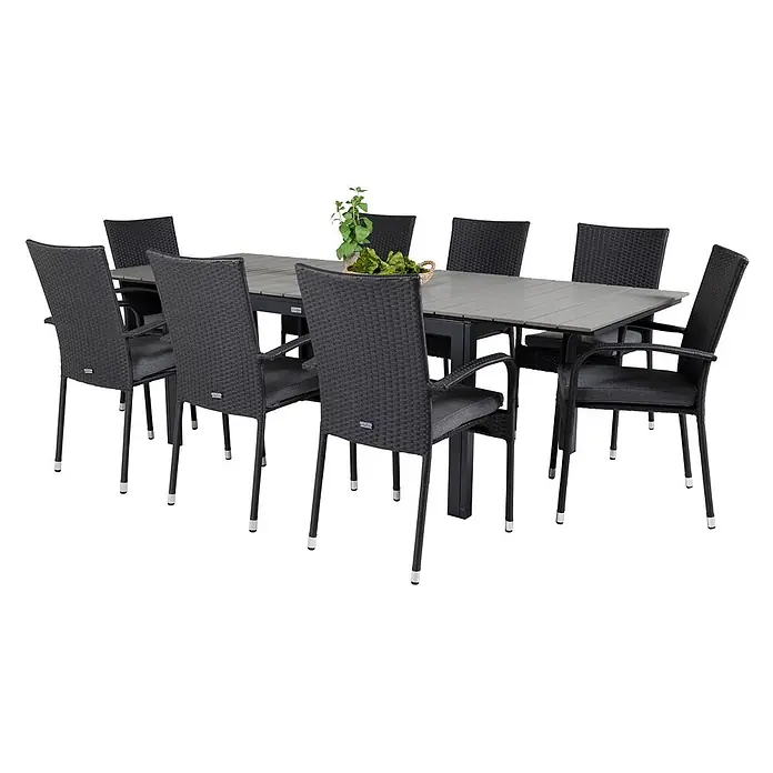 Ebuy24 Gartentisch-Set Levels - Gesamtumfang: 9 -tlg., L x B x H: 160 x 100 x 75 cm, Ø x H: 100 x 75 cm, Rattan, Stahl Aintwood, Aluminium, Stapelbar - Dunkelgraues Outdoor-Essgruppe mit Lattenrosttisch und acht Geflechtsesseln mit Kissen.