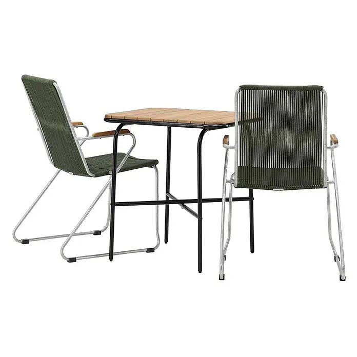 Ebuy24 Gartentisch-Set Holmbeck - Gesamtumfang: 3 -tlg., L x B x H: 70 x 88 x 74 cm, Ø x H: 88 x 74 cm, Stahl Akazie, Stapelbar - Bistro-Set: Holztischplatte mit schwarzen Beinen, zwei Stühle mit grüner Seilbespannung, hellem Metallgestell und Holzarmlehnen.