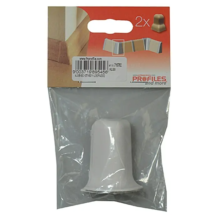 Profiles and more Außenecke KU050 - Weiß, 2 Stk. - Eine Verpackung mit zwei weißen Kunststoff-Abschlüssen für Profile, ideal für saubere Übergänge und Abschlüsse in Ihrem Zuhause.