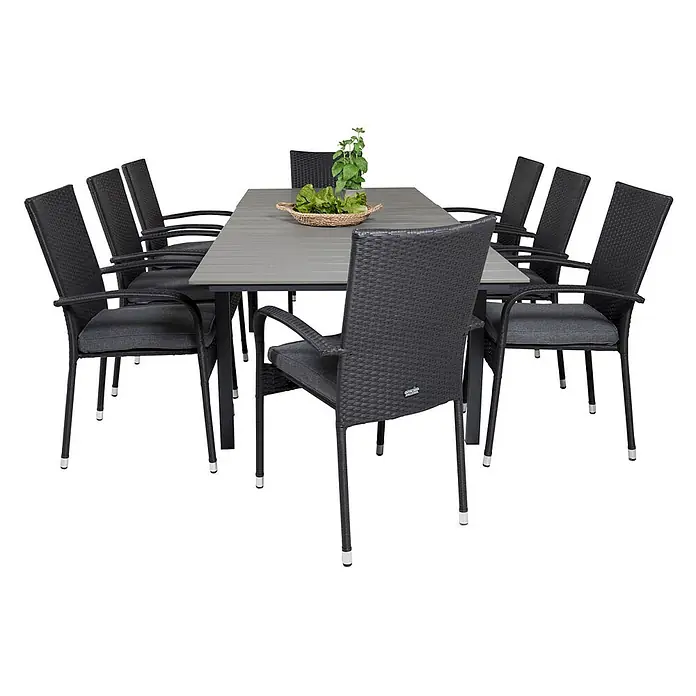 Ebuy24 Gartentisch-Set Levels - Gesamtumfang: 9 -tlg., L x B x H: 160 x 100 x 75 cm, Ø x H: 100 x 75 cm, Rattan, Stahl Aintwood, Aluminium, Stapelbar - Outdoor-Essgruppe: grauer Lamellentisch, acht dunkelgraue Geflechtsessel mit Polstern.