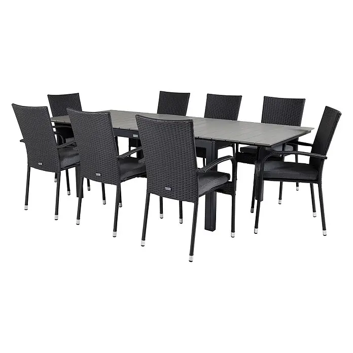 Ebuy24 Gartentisch-Set Levels - Gesamtumfang: 9 -tlg., L x B x H: 160 x 100 x 75 cm, Ø x H: 100 x 75 cm, Rattan, Stahl Aintwood, Aluminium, Stapelbar - Dunkelgraue Outdoor-Essgruppe mit Lattenrosttisch und acht Korbsesseln mit Kissen.