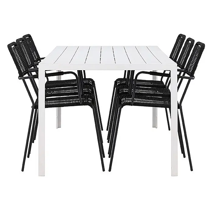 Ebuy24 Gartentisch-Set Break - Gesamtumfang: 7 -tlg., L x B x H: 205 x 90 x 75 cm, Ø x H: 90 x 75 cm, Aintwood Aluminium Polyesterseil Stahl, Stapelbar - Rechteckiger weißer Gartentisch mit sechs schwarzen geflochtenen Stapelstühlen.